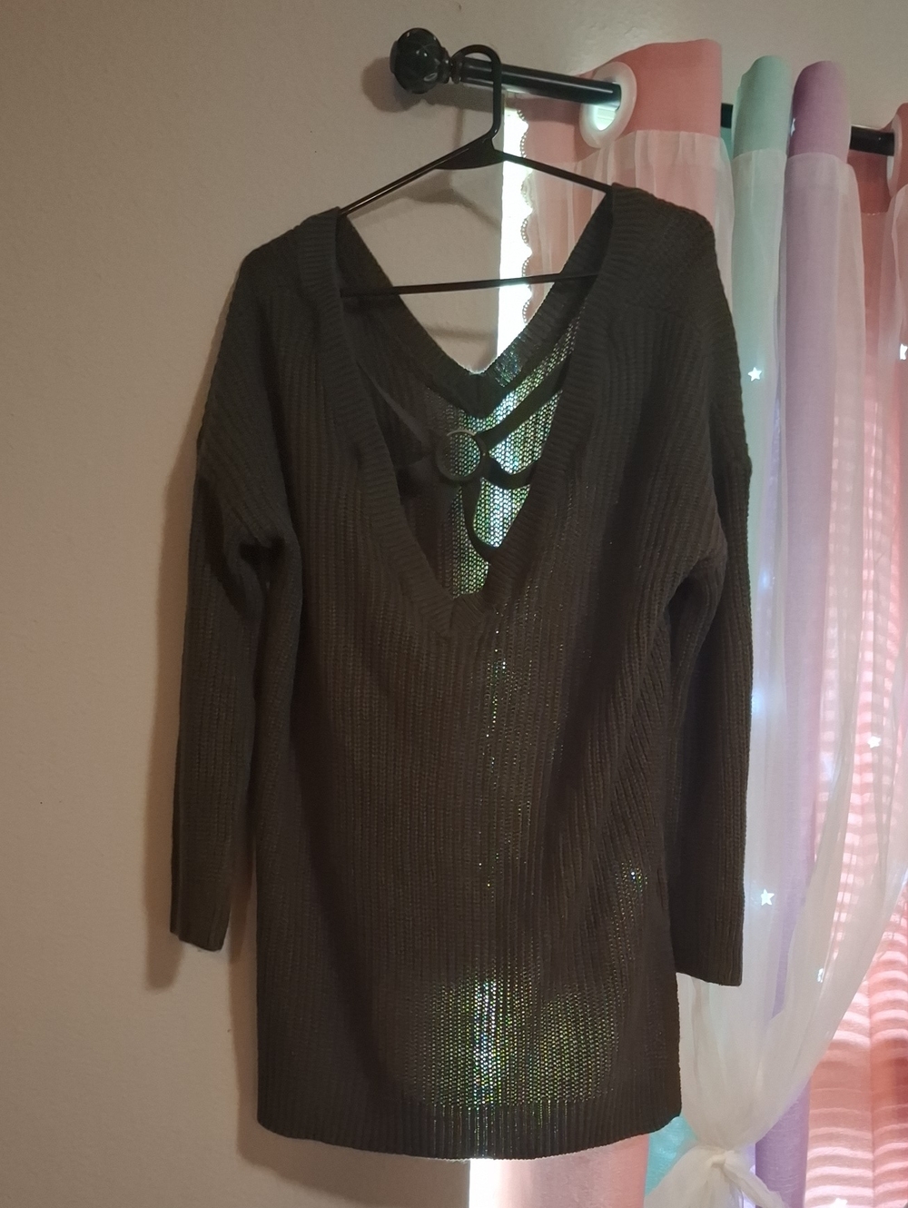Women's V-Neck Olive Green Knit Sweater with Strappy Back